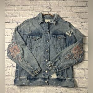 American Eagle Outfitters Blue Denim Distressed Jacket w/ Pink Embroidery. Small